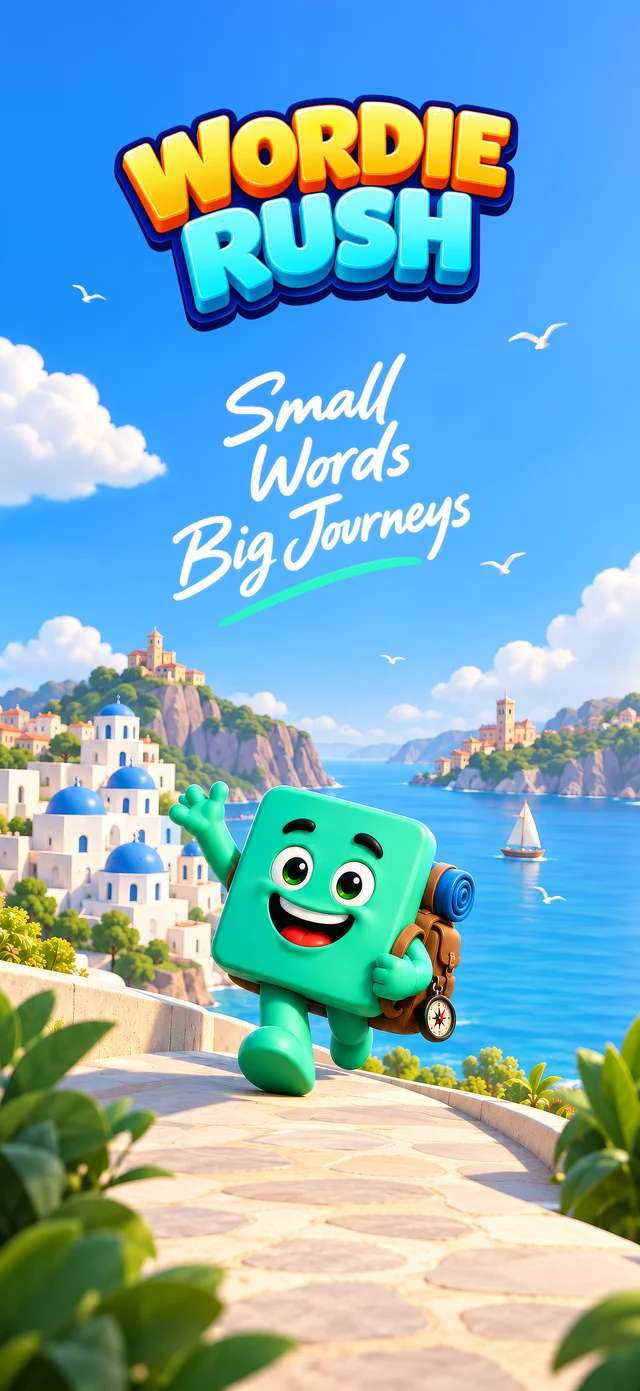 Wordie Rush title screen with the tagline Small Words, Big Journeys: the green Wordie character walking along a seaside path with a backpack